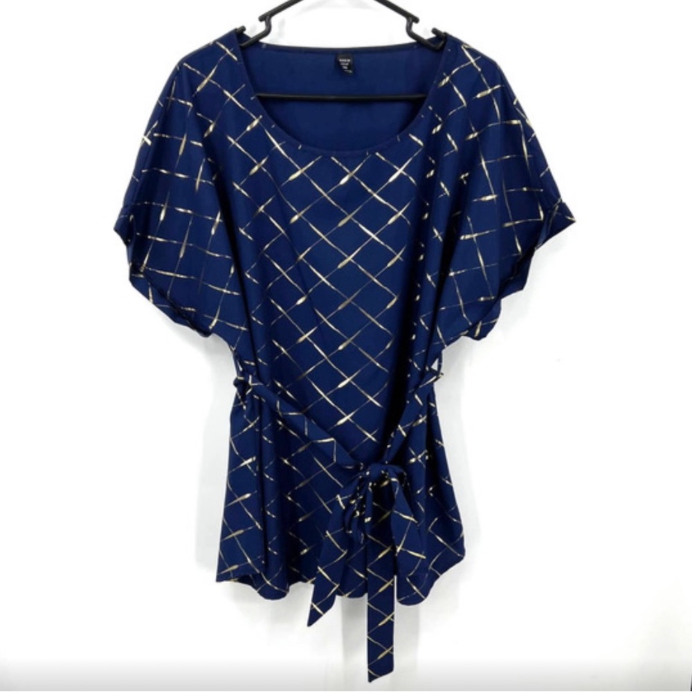 Shein Curve Blue Gold Short Sleeve Top Blouse with Belt Plus Size 3XL NWOT